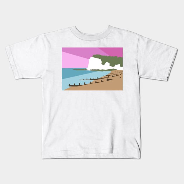 St Margaret’s Bay Beach and White Cliffs, Dover, Kent, Pink Sunset Kids T-Shirt by OneThreeSix
